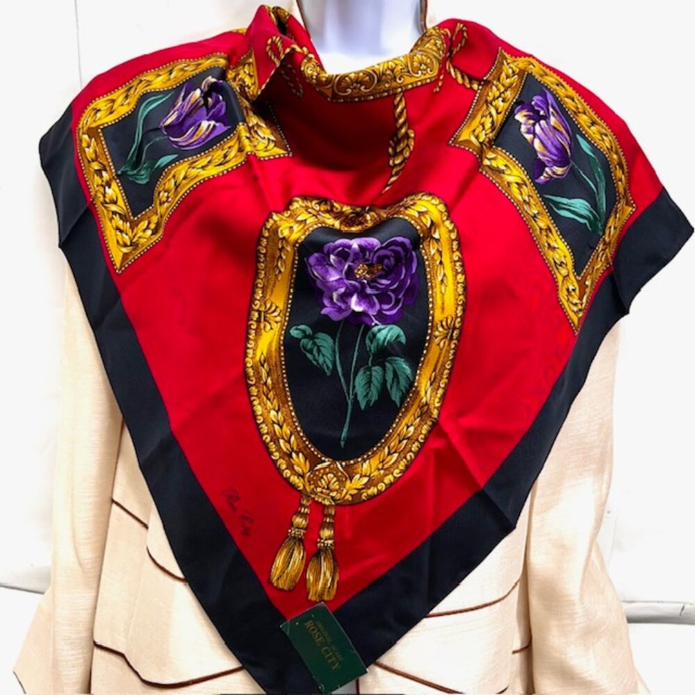 New with Tag On ROSE CITY 100% Silk Satin Lg 34" Black Red Green Gold Floral (14 - Picture 3 of 11